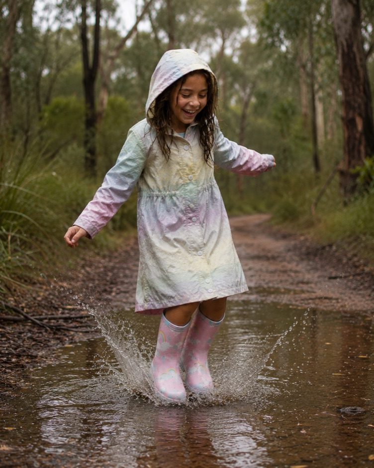 A young girl in a raincoat and gumboots joyfully splashing in a puddle on a bush track